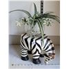 Image 1 : Wooden Zebra plant stand with artificial plant bowl.
