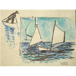 J. EISENSCHER Watercolor Israeli Cubism