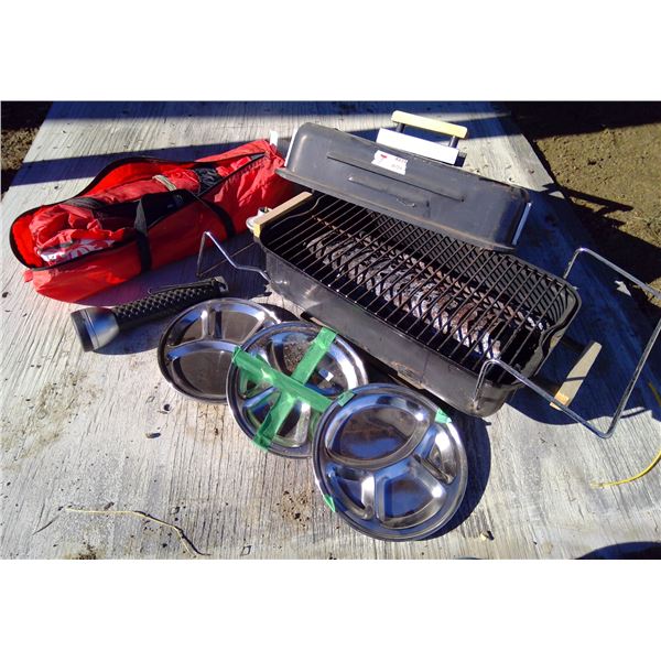 Portable propane camping grill, metal plates, pup tent & flashlight