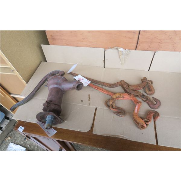 metal hand water pump, 2 - tie down chain snipes