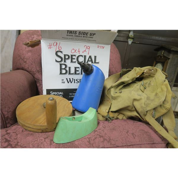 box of misc items, hand spool, blue jug, tape dispenser, canvis bag.