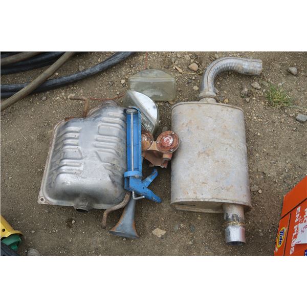 Misc items, mufflers, headlights, air horn, caulking gun