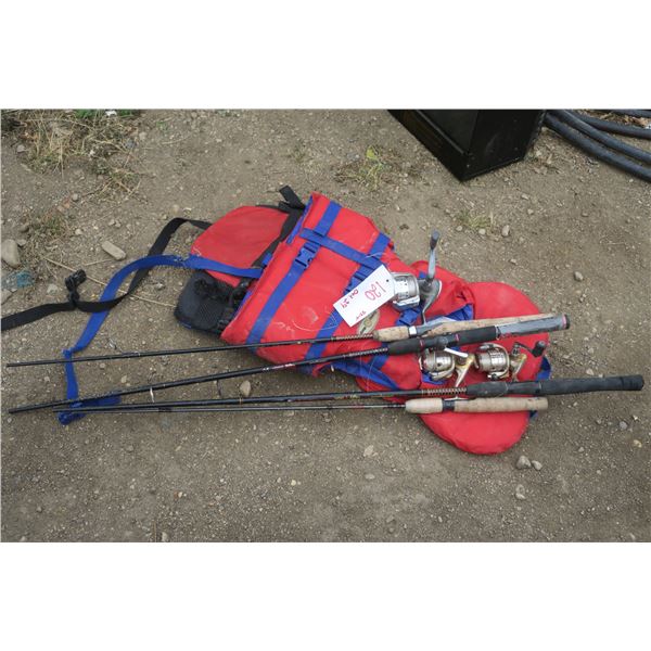 fishing lot, 2- life jackets, fishing poles