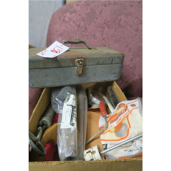Misc box of tools & other items. Metal tool box, painting items, hand saw ..etc