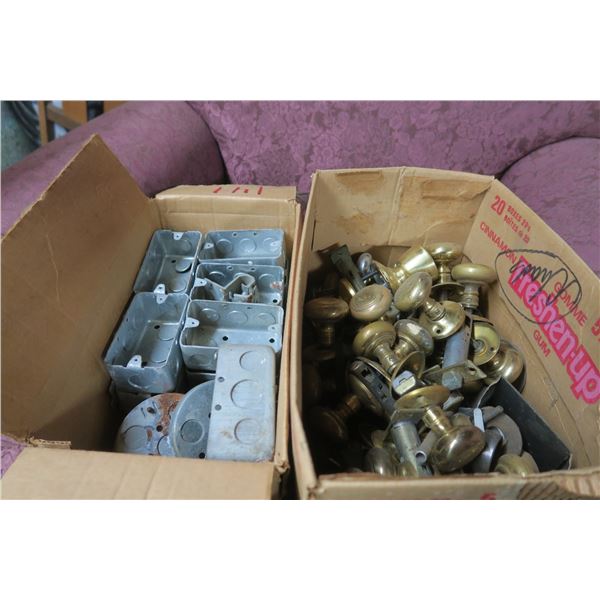 box of electrical boxes, box of older door knobs