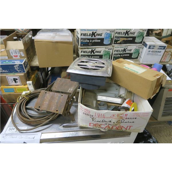 misc box of items, plumbers snake, copper rods, bathroom fan..etc.