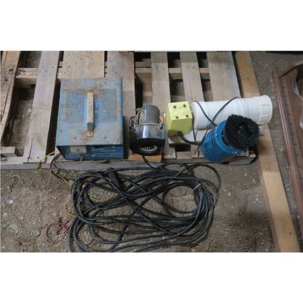 box of other items, motor, homemade trmbler, blower with motor, older battery charger ( untested)