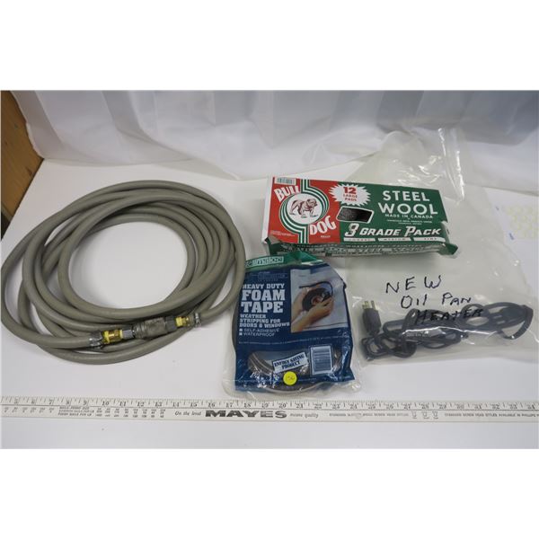 Oil pan heater, air compressor hose, steel wool, foam tape