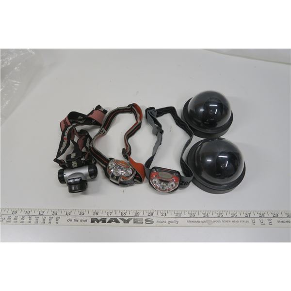 3 head lamps, 2 decoy security cameras