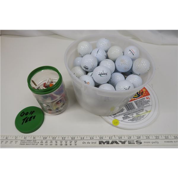pail of golf balls, jar of golf tees