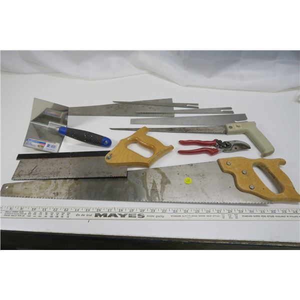 Assorted tools, handsaws, pruners, drywall tool