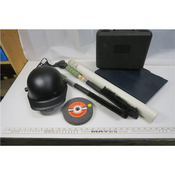 hard hat, 2 tool cases, 2 snow brushes, trailer plans, grinding disc