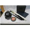 Image 1 : hard hat, 2 tool cases, 2 snow brushes, trailer plans, grinding disc