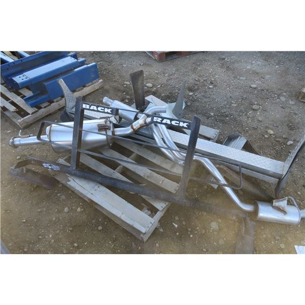 Pallet of misc auto parts. Running boards, mufflers, front bush guard.