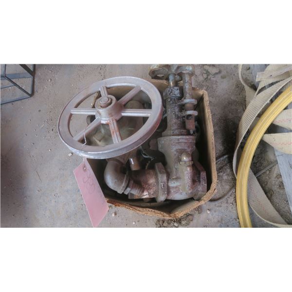 misc box of brass parts and pump with pully