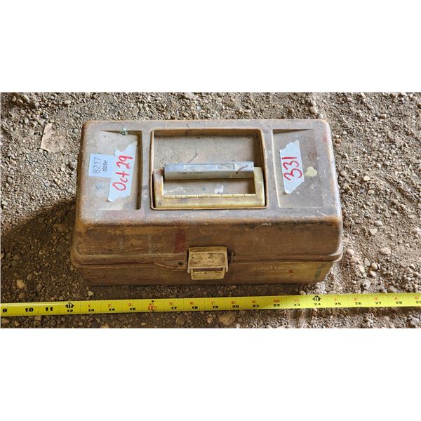 Brown tackle box, with assorted hardwares