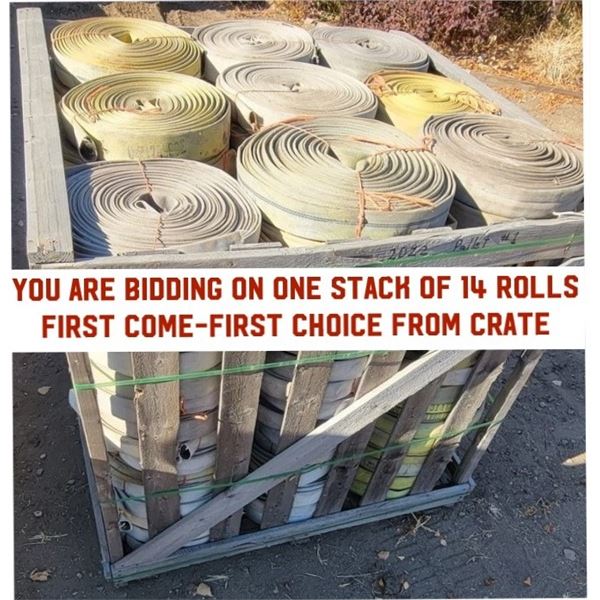 Fire Hose 1.5" I.D. (4 of 9 - stack of 14 rolls in crate #1 - rolls are about 40' to 80')