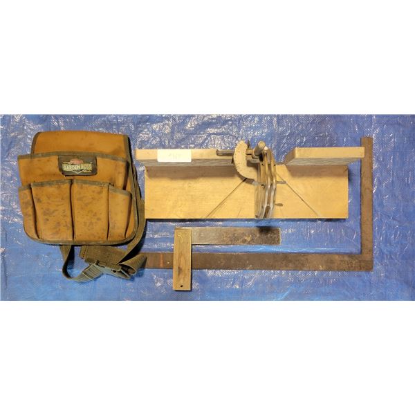 Carpentry Kit w level, leather pouch, squares & miter gauge