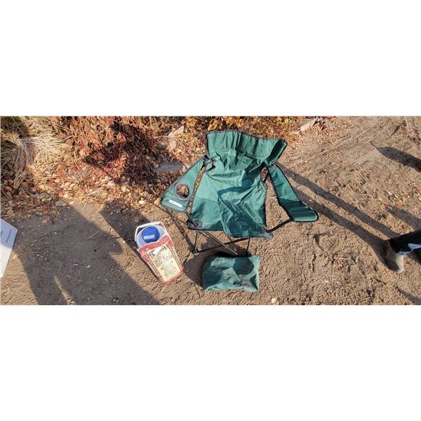 Camp Chair, Water Jug, Mesquite Wood Chips