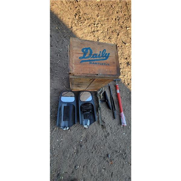 Antique Car Jack, pair of 1994 GMC Pickup Extender Mirrors, Tire pump & dental amalgamator used for 