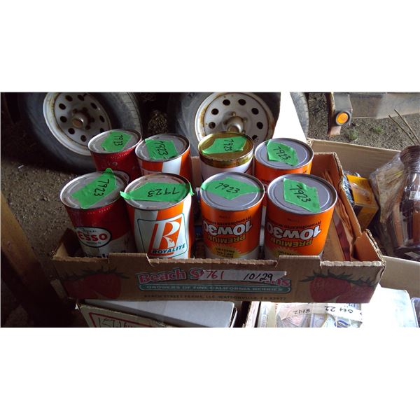 8 Vintage Oil Tins - 7 full - Esso, Royalite, Quaker State, Gulf Premium