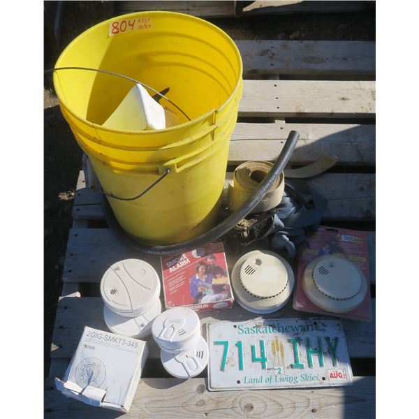 Pail of Smoke Detectors, rachet strap, various supplies