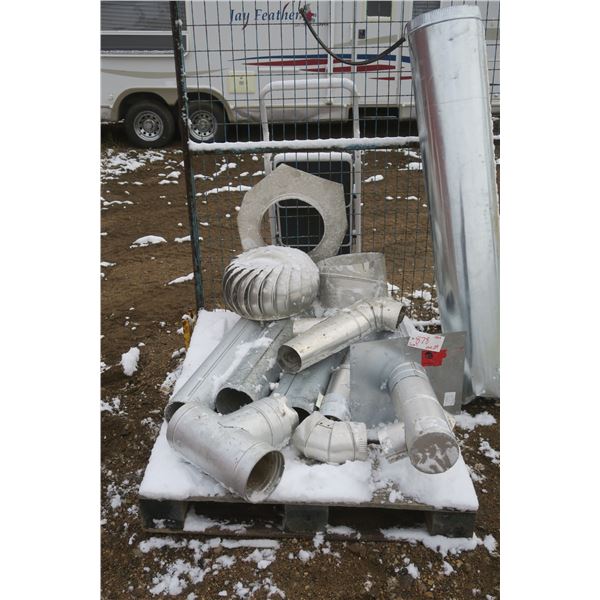 Pallet of heating duct pipes and other duct work items.