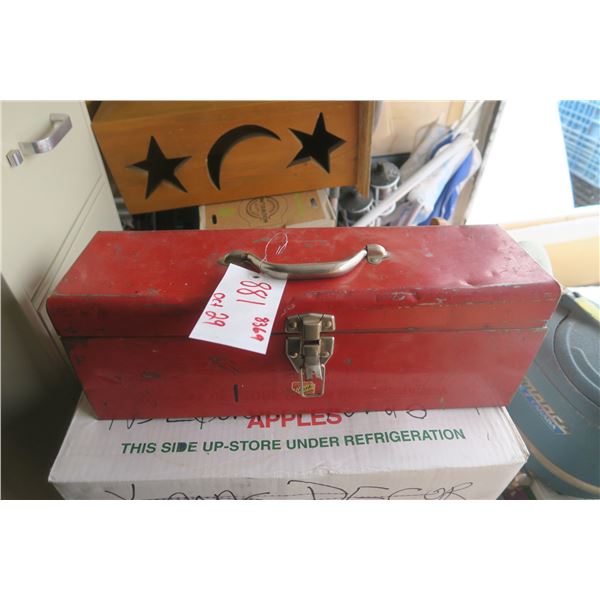 red toolbox with misc tools & other items inside.