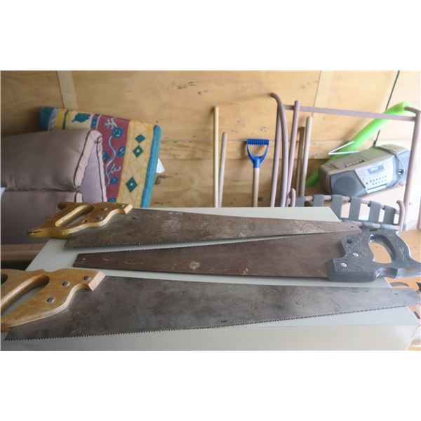 3 - hand saws, 2- tan handles & 1 - black handle