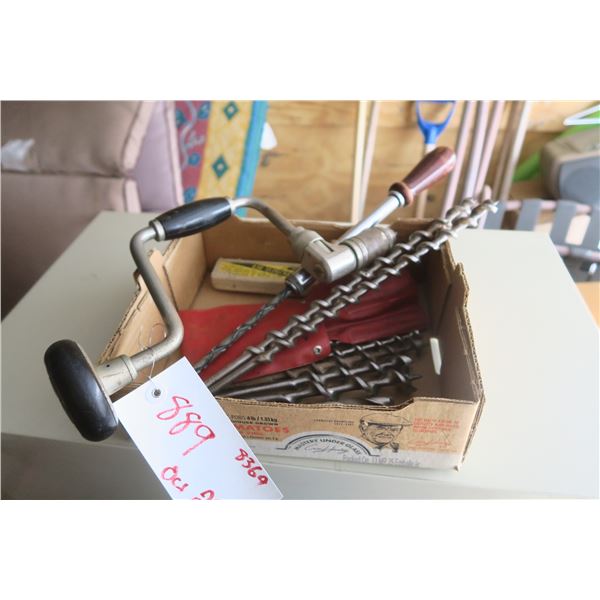 Vintage hand drill set with varous bits.