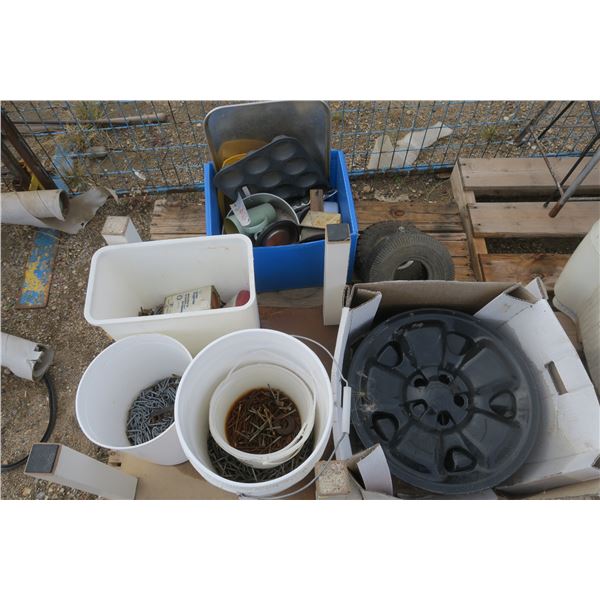 Fence Staples, Assorted nails, Assorted Kitchen items, Set of 4 hubcaps