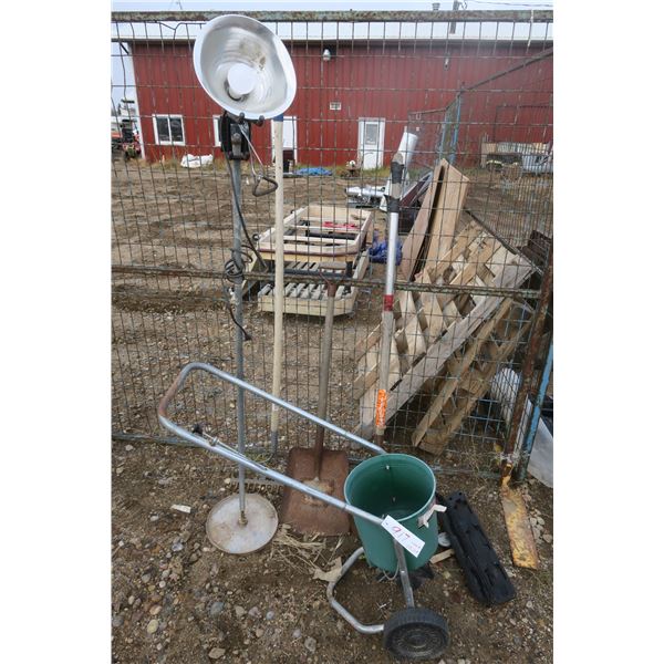 wheeled Seeder, 2 shovels, light stand dish, rake