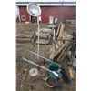 Image 1 : wheeled Seeder, 2 shovels, light stand dish, rake