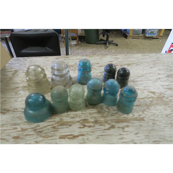 box of 11 vintage glass insulators