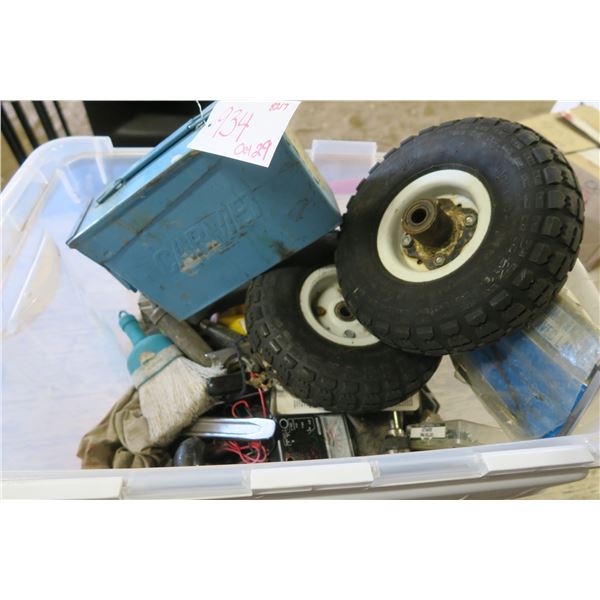 bin of random tools & misc items, tires,metal tool box..etc. ( BIN not inculded)