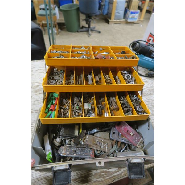 grey tackle box of misc screw & items