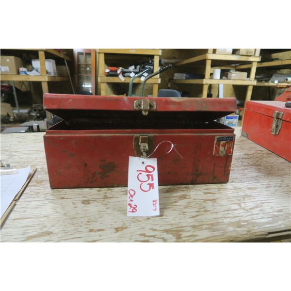 small red metal tool box with misc tools and items
