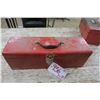 Image 1 : large red flat top metal tool box with misc tools and items
