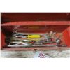 Image 3 : large red flat top metal tool box with misc tools and items