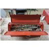 Image 6 : large red flat top metal tool box with misc tools and items