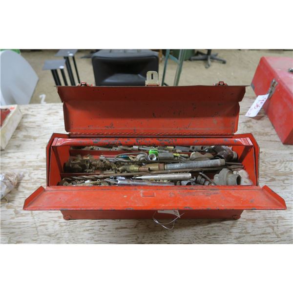 Large high top red metal tool box with misc tools and items