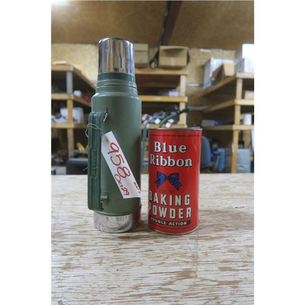 large stanley thermos & blue ribbin vintage tin