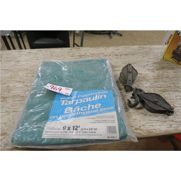 Tarp 9' x 12', and 2 metal pullys