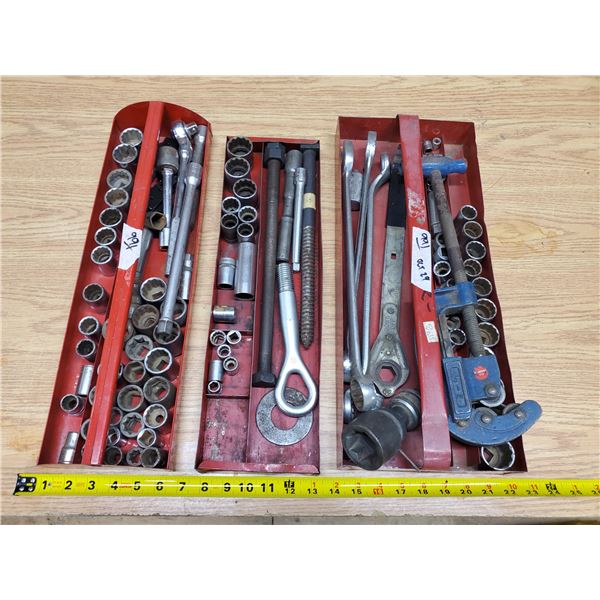 3 tool trays w/ sockets, wrenches, pipe cutter, etc