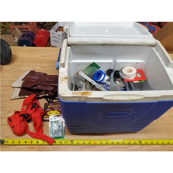 Coleman cooler filled w/ screws, tape, misc hardware