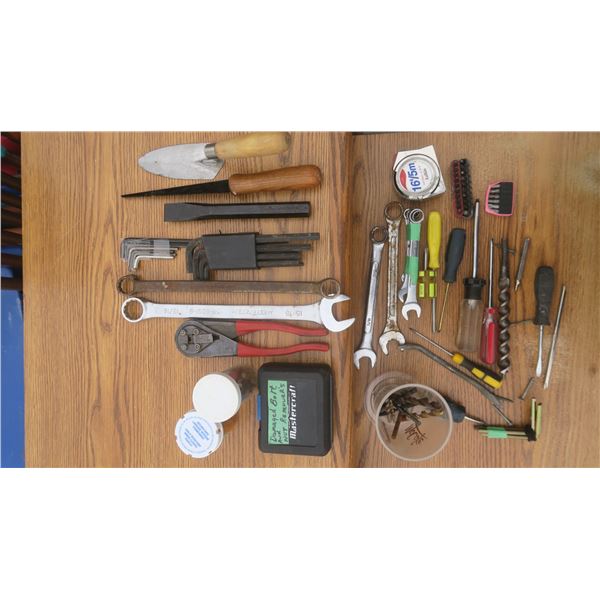 Assortment of Tools: wrenches, carpentry hand saw, drill bits, alen wrenches