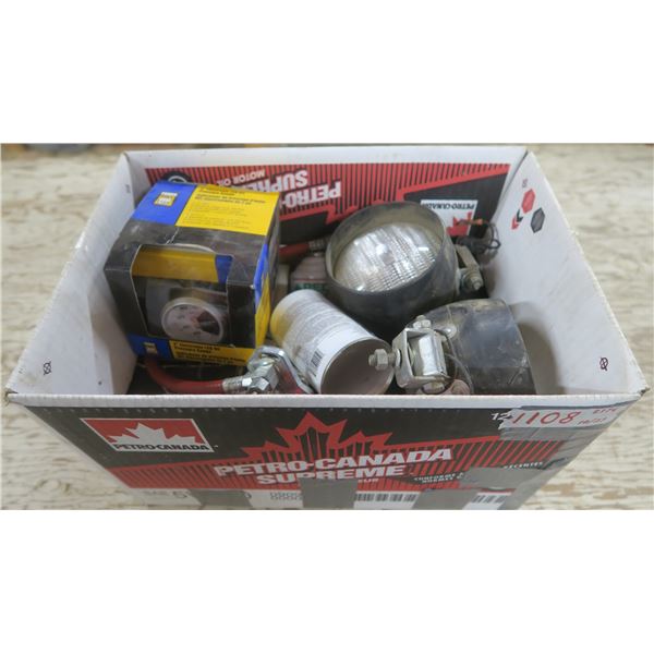 Assorted electrical: 4 circular lights, Ammeter, 4 Cans of 12a Refrigerant, Kohler Muffler, Hose, 2"