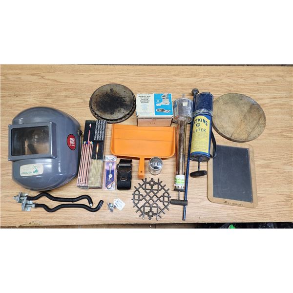 Box of Assorted hardwares - Welding helmet, Dusters, Magnetic eraser, etc.