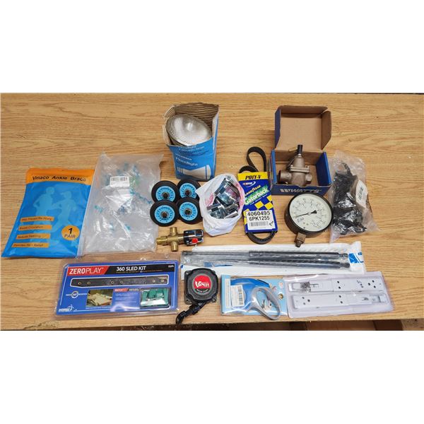 Box of Assorted hardwares - 360 Miter sled kit, Flood light bulbs, Ankle brace, Face shields, Pressu