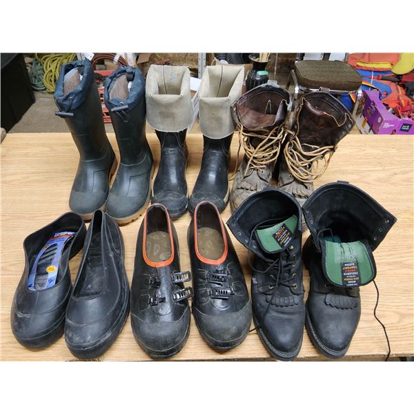 Box of Assorted work boots, most are mens sz 10 - green boots are sz 5
